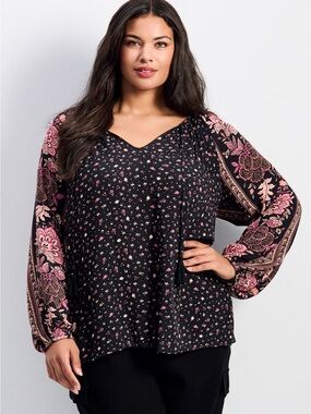 Avenue Plus Size Black Tunic with Pink Floral Balloon Sleeves